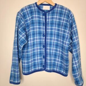 Vtg Pendleton Country Sophisticates Blue Plaid‎ Wool Blend Sweater Cardigan Sz M